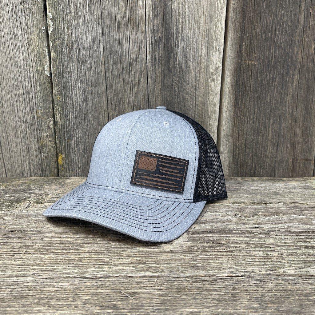 HAND SEWN BLACK DISTRESSED FLAG LEATHER PATCH HAT - RICHARDSON 112