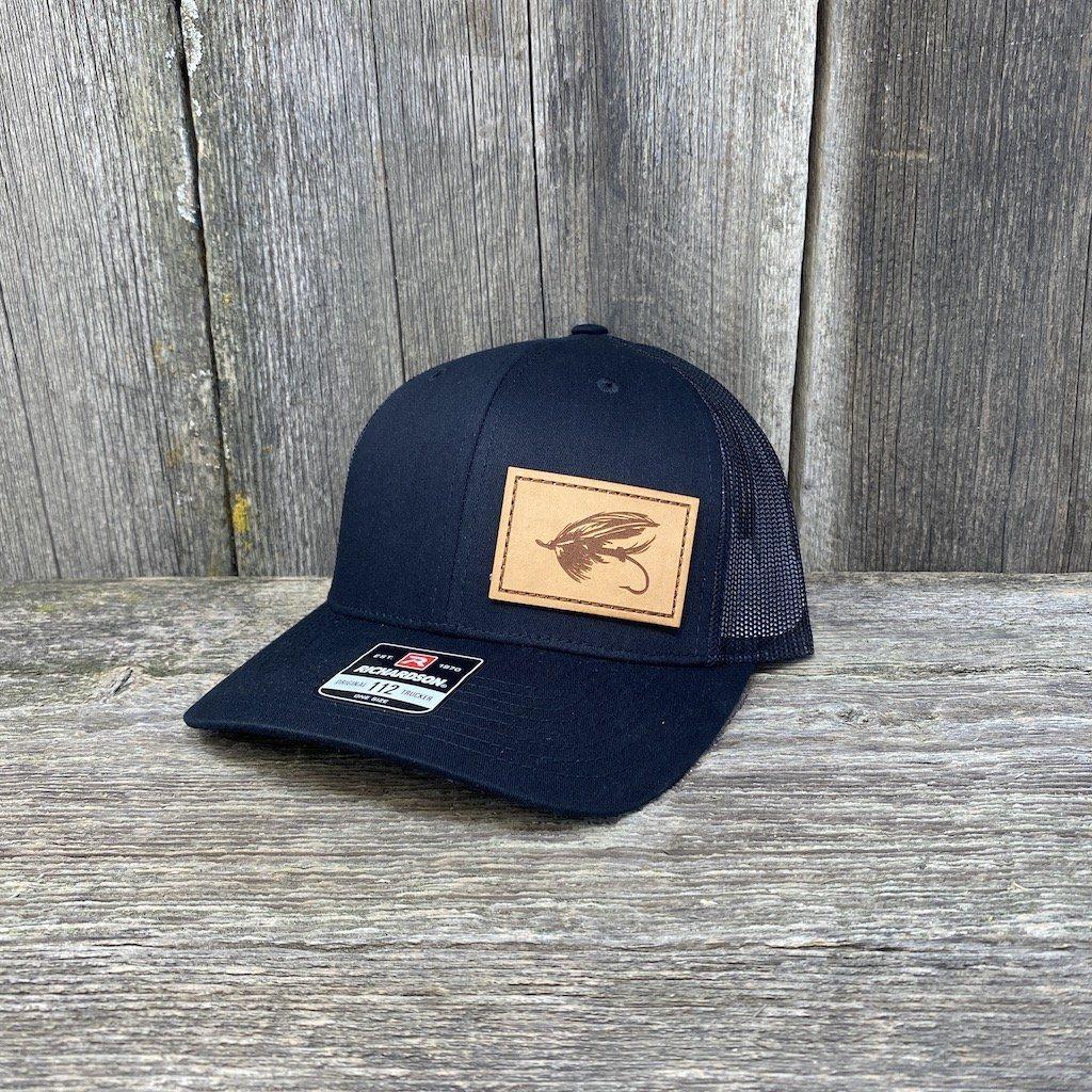Hand Sewn Natural Steelhead Fly Leather Patch Hat - Richardson 112 | Hells Canyon Designs Solid Black